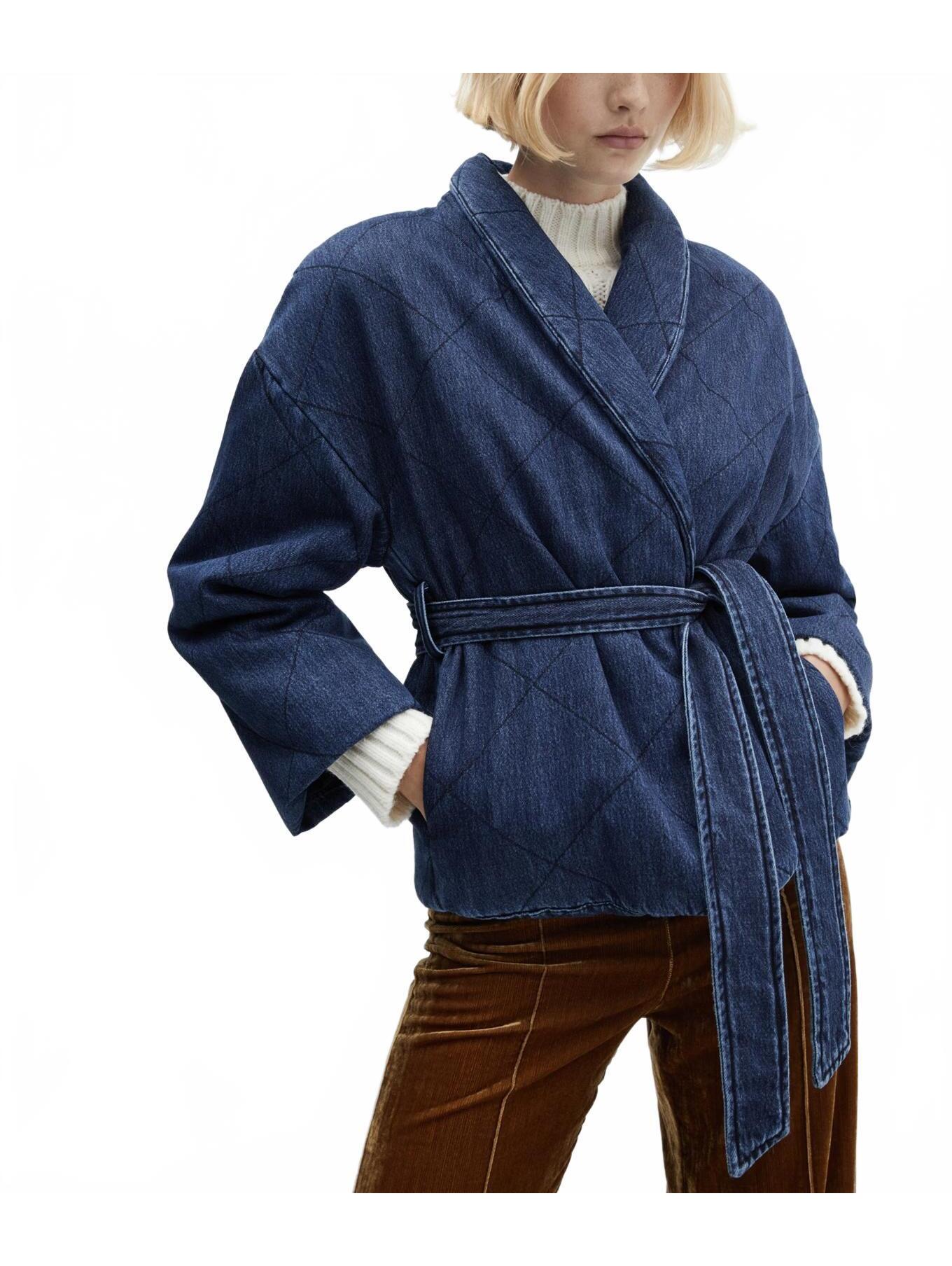 Mango Double-Breasted Denim Jacket Dark Blue Washed Denim Nwt Xxs